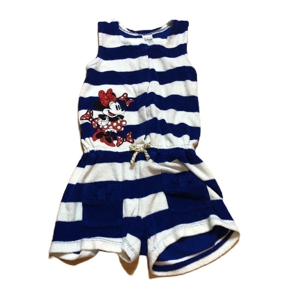 Disney Minnie Mouse Terry Cloth Romper Swim Cover Up Sz 5/6 Blue White Striped